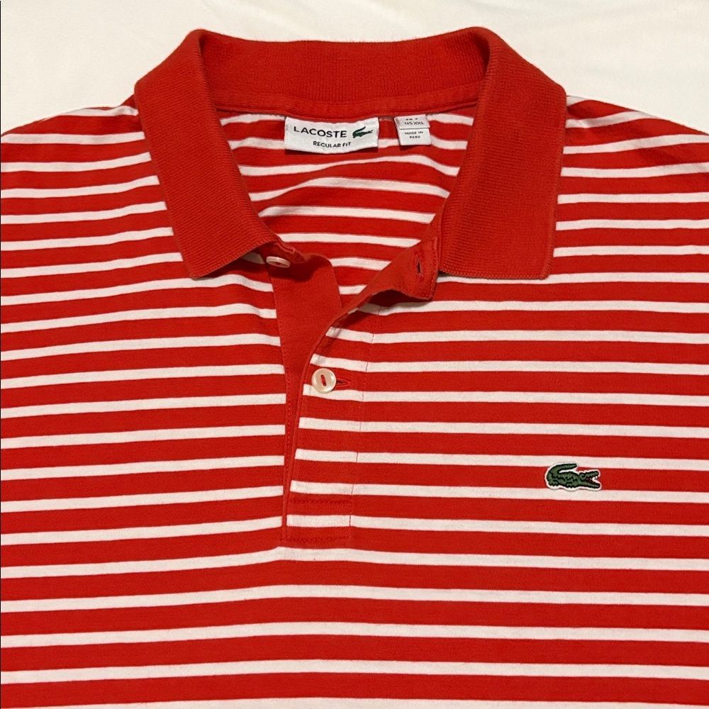 Lacoste Men's Polo in Red-Orange and White Stripes Y2k Preppy